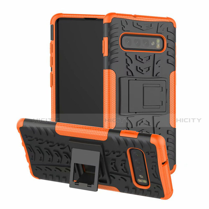 Custodia Silicone e Plastica Opaca Cover con Supporto R03 per Samsung Galaxy S10 Arancione