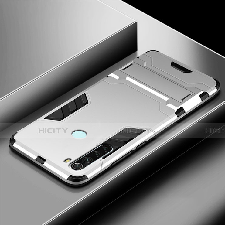 Custodia Silicone e Plastica Opaca Cover con Supporto R03 per Xiaomi Redmi Note 8 Argento