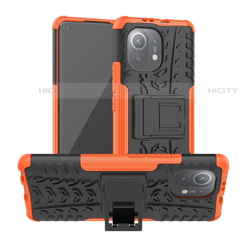 Custodia Silicone e Plastica Opaca Cover con Supporto R06 per Xiaomi Mi 11 5G Arancione