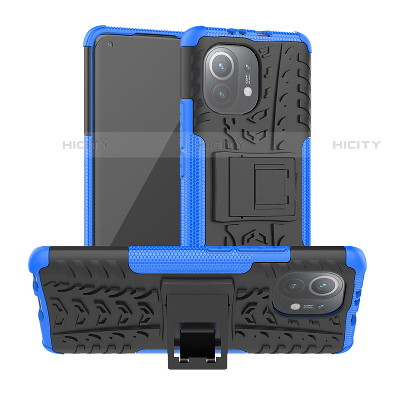 Custodia Silicone e Plastica Opaca Cover con Supporto R06 per Xiaomi Mi 11 Lite 4G Blu