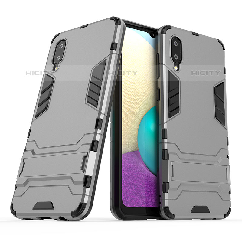 Custodia Silicone e Plastica Opaca Cover con Supporto T01 per Samsung Galaxy M02 Grigio