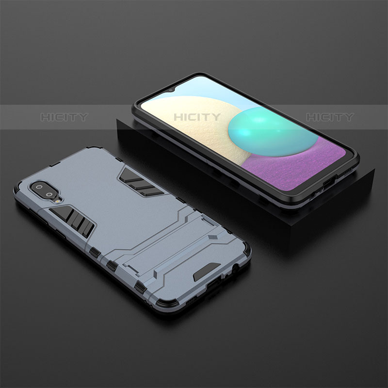 Custodia Silicone e Plastica Opaca Cover con Supporto T02 per Samsung Galaxy M02 Blu