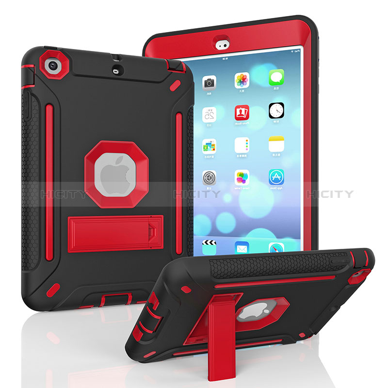 Custodia Silicone e Plastica Opaca Cover con Supporto YJ1 per Apple iPad Mini 3 Rosso e Nero