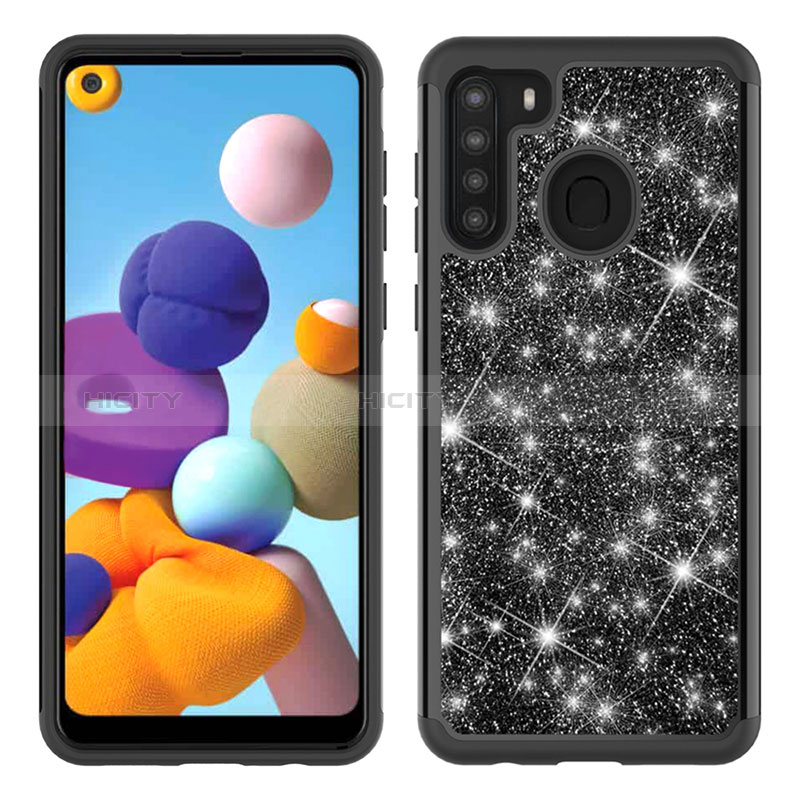 Custodia Silicone e Plastica Opaca Cover Fronte e Retro 360 Gradi Bling-Bling JX1 per Samsung Galaxy A21 Nero