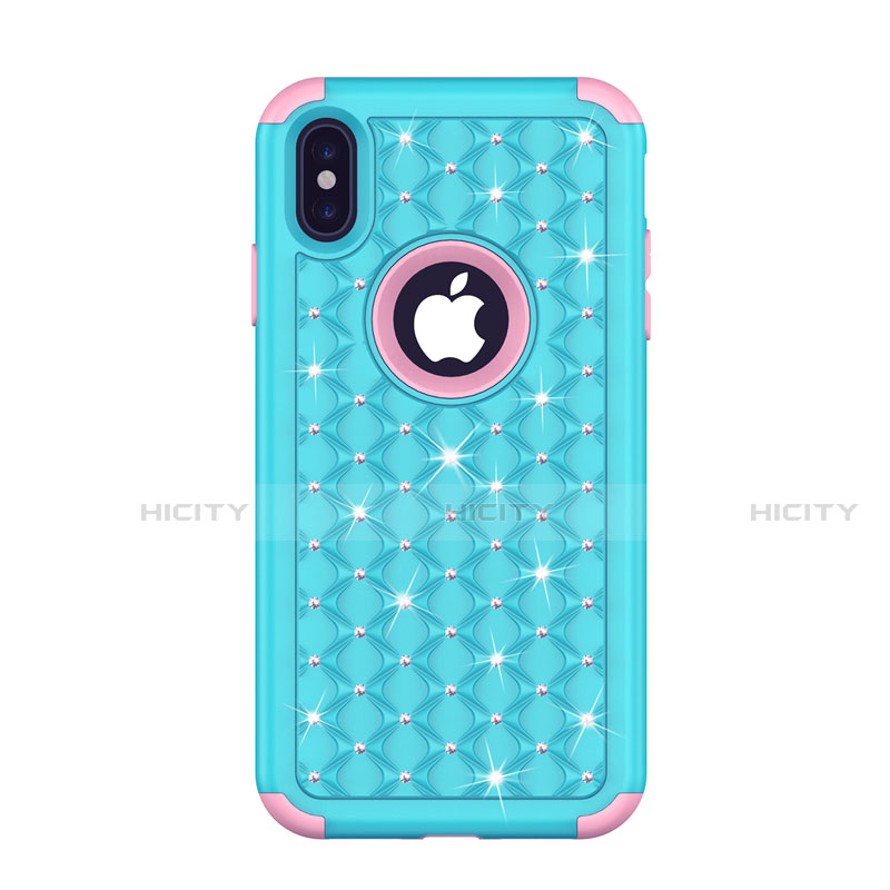 Custodia Silicone e Plastica Opaca Cover Fronte e Retro 360 Gradi Bling-Bling per Apple iPhone X Blu