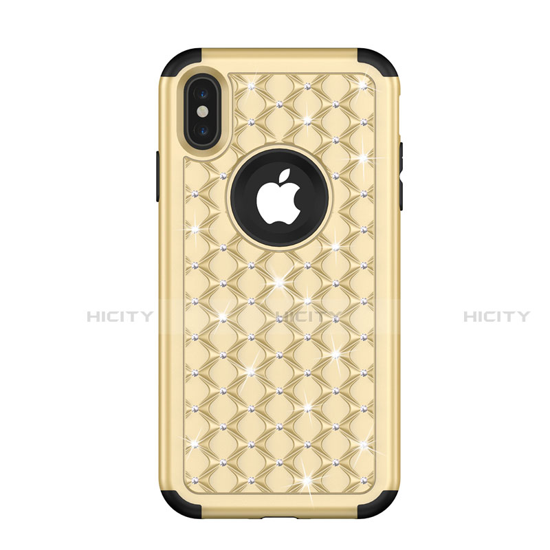 Custodia Silicone e Plastica Opaca Cover Fronte e Retro 360 Gradi Bling-Bling per Apple iPhone X Oro e Nero