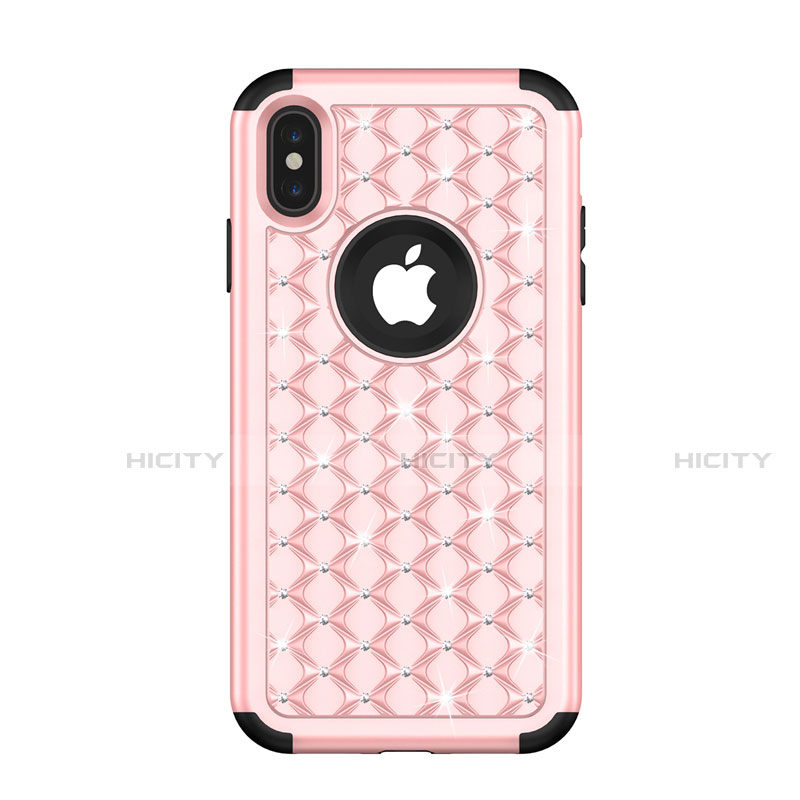 Custodia Silicone e Plastica Opaca Cover Fronte e Retro 360 Gradi Bling-Bling per Apple iPhone X Oro Rosa