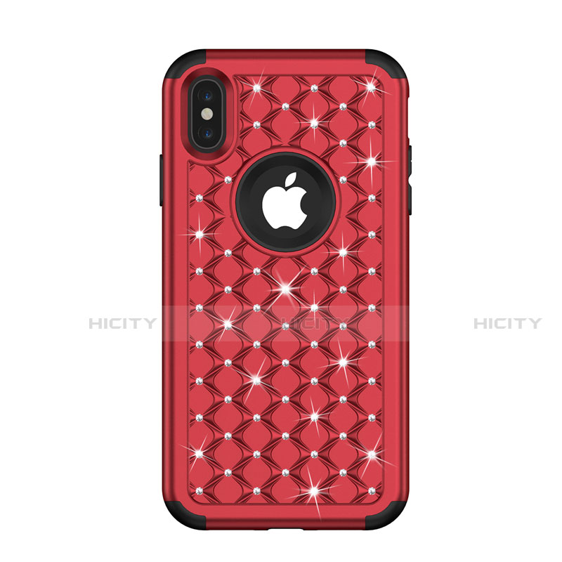Custodia Silicone e Plastica Opaca Cover Fronte e Retro 360 Gradi Bling-Bling per Apple iPhone Xs Max Rosso