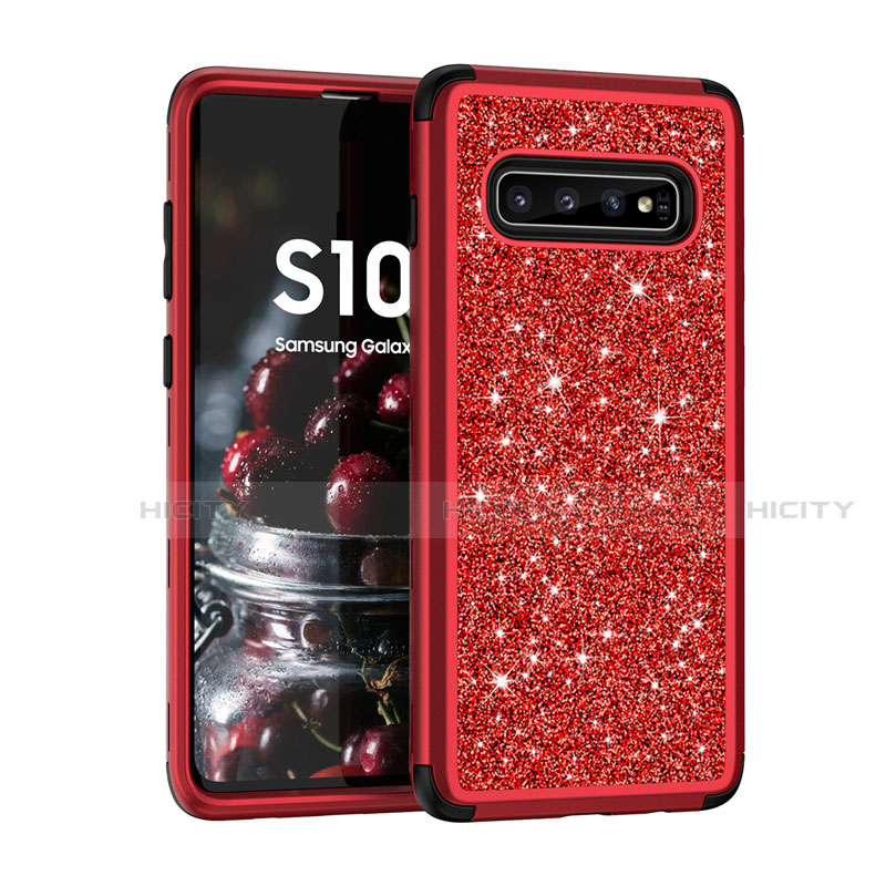 Custodia Silicone e Plastica Opaca Cover Fronte e Retro 360 Gradi Bling-Bling per Samsung Galaxy S10 Rosso