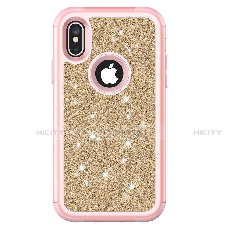 Custodia Silicone e Plastica Opaca Cover Fronte e Retro 360 Gradi Bling-Bling U01 per Apple iPhone X Rosa