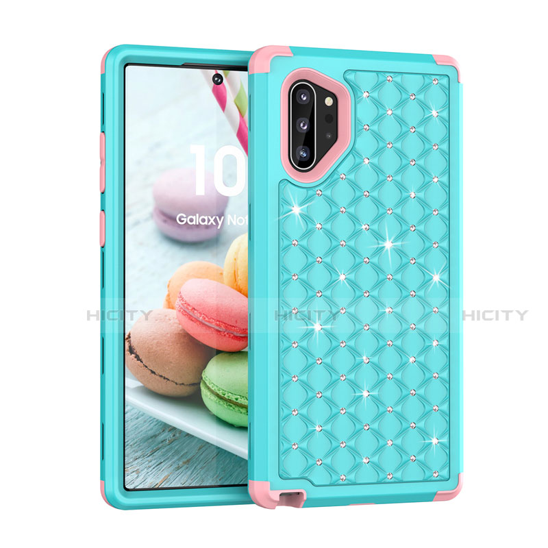 Custodia Silicone e Plastica Opaca Cover Fronte e Retro 360 Gradi Bling-Bling U01 per Samsung Galaxy Note 10 Plus 5G Ciano