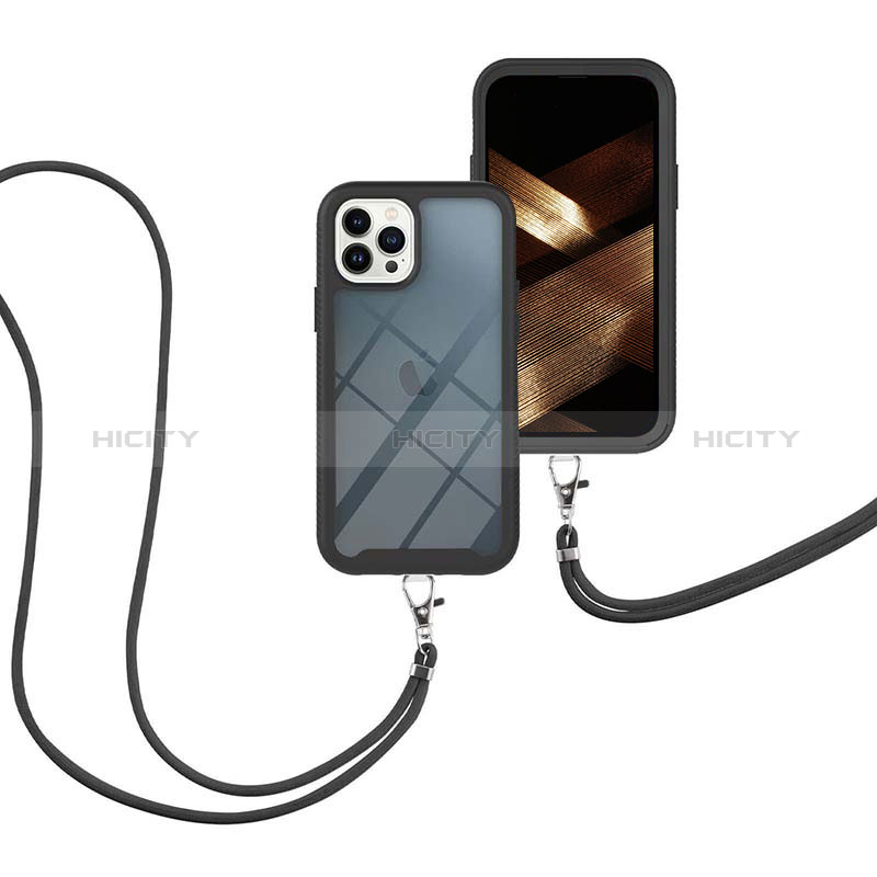 Custodia Silicone e Plastica Opaca Cover Fronte e Retro 360 Gradi con Cinghia Cordino Mano per Apple iPhone 13 Pro Max Nero