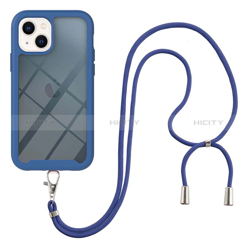 Custodia Silicone e Plastica Opaca Cover Fronte e Retro 360 Gradi con Cinghia Cordino Mano per Apple iPhone 14 Plus Blu