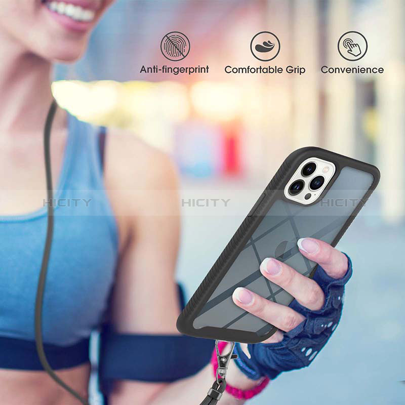Custodia Silicone e Plastica Opaca Cover Fronte e Retro 360 Gradi con Cinghia Cordino Mano per Apple iPhone 14 Pro Max
