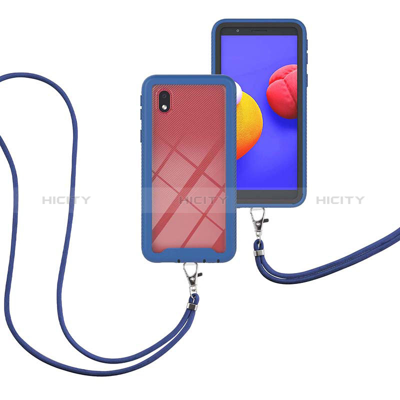 Custodia Silicone e Plastica Opaca Cover Fronte e Retro 360 Gradi con Cinghia Cordino Mano per Samsung Galaxy A01 Core Blu