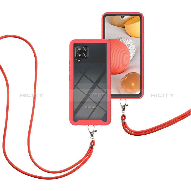Custodia Silicone e Plastica Opaca Cover Fronte e Retro 360 Gradi con Cinghia Cordino Mano per Samsung Galaxy A42 5G