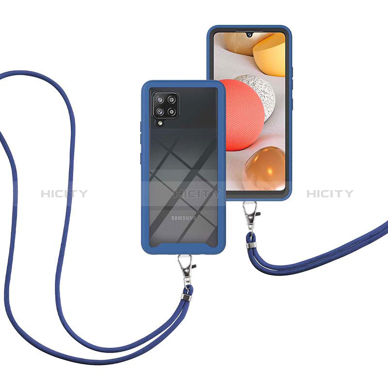 Custodia Silicone e Plastica Opaca Cover Fronte e Retro 360 Gradi con Cinghia Cordino Mano per Samsung Galaxy A42 5G Blu