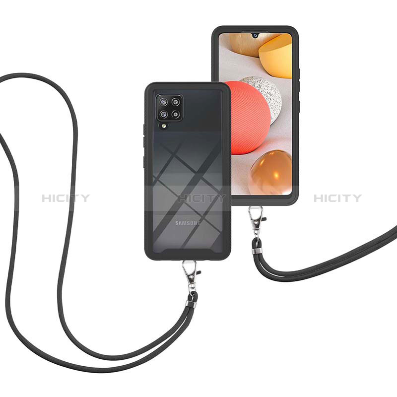 Custodia Silicone e Plastica Opaca Cover Fronte e Retro 360 Gradi con Cinghia Cordino Mano per Samsung Galaxy A42 5G Nero