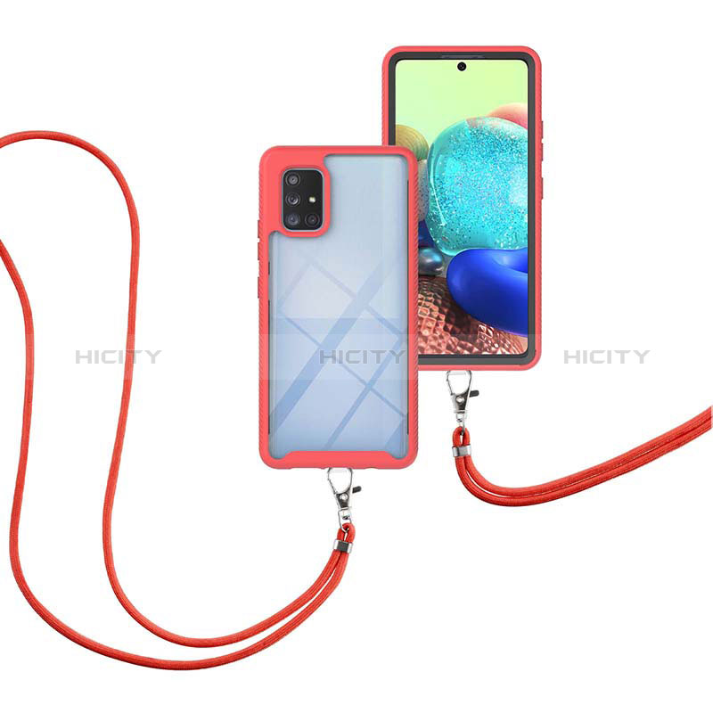 Custodia Silicone e Plastica Opaca Cover Fronte e Retro 360 Gradi con Cinghia Cordino Mano per Samsung Galaxy A71 5G Rosso