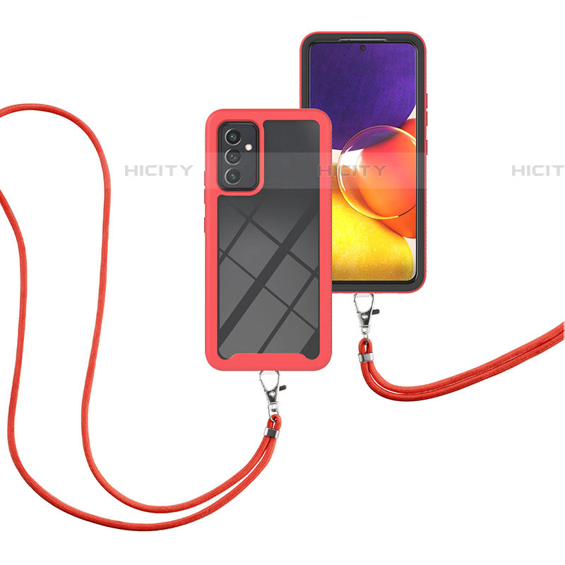 Custodia Silicone e Plastica Opaca Cover Fronte e Retro 360 Gradi con Cinghia Cordino Mano per Samsung Galaxy A82 5G Rosso