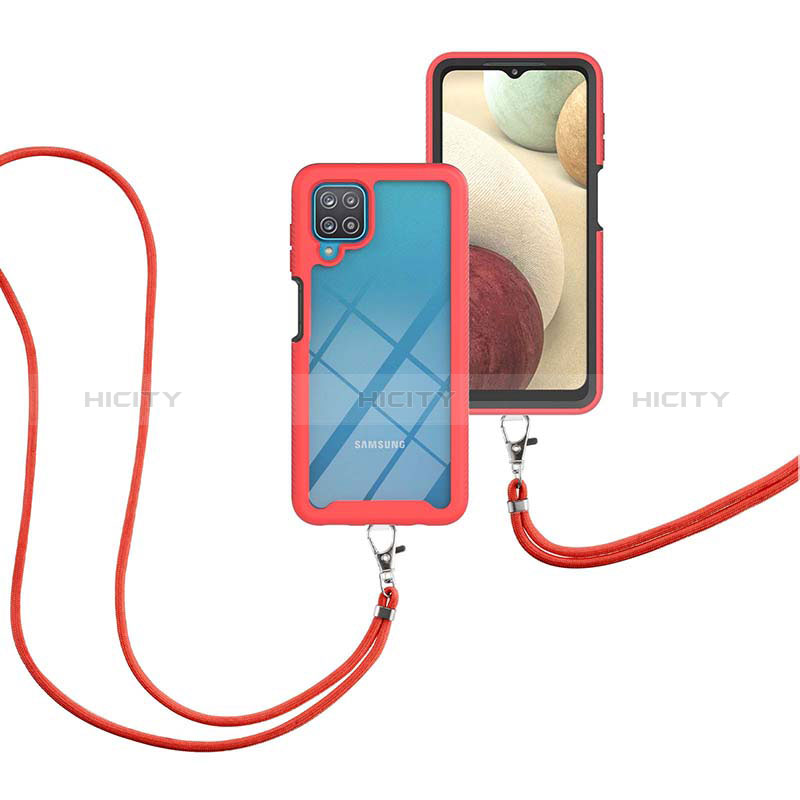Custodia Silicone e Plastica Opaca Cover Fronte e Retro 360 Gradi con Cinghia Cordino Mano per Samsung Galaxy F12 Rosso