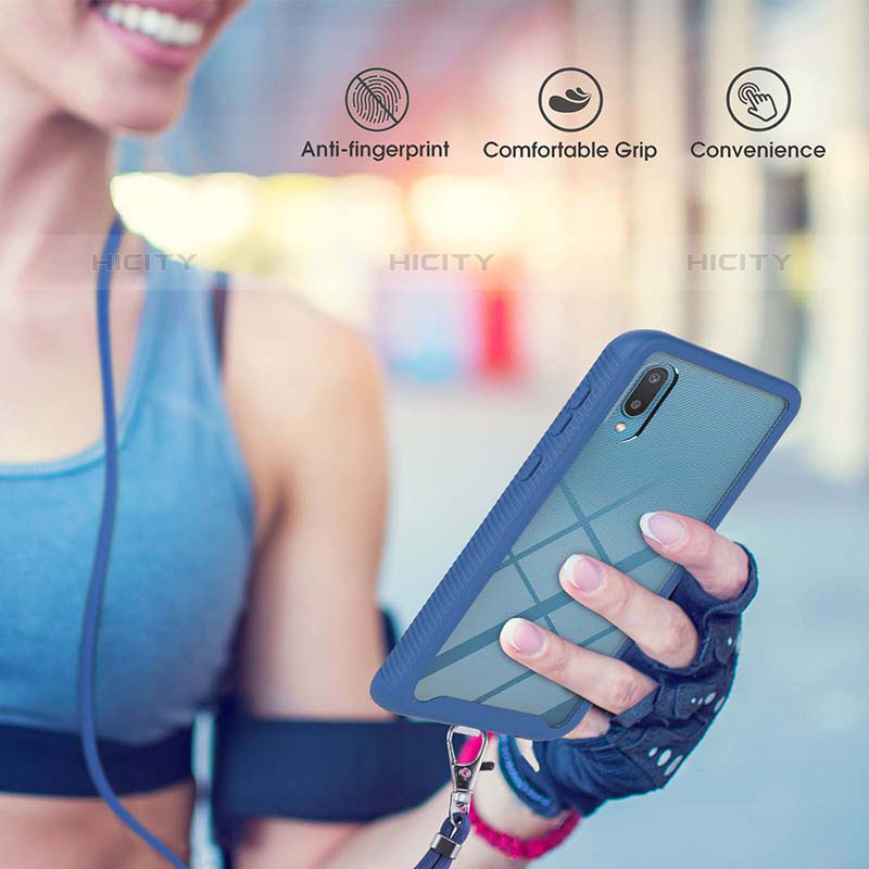 Custodia Silicone e Plastica Opaca Cover Fronte e Retro 360 Gradi con Cinghia Cordino Mano per Samsung Galaxy M02
