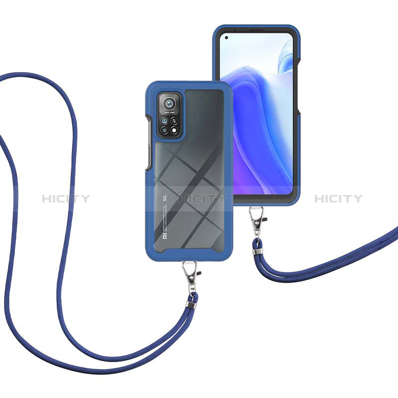 Custodia Silicone e Plastica Opaca Cover Fronte e Retro 360 Gradi con Cinghia Cordino Mano per Xiaomi Mi 10T 5G Blu