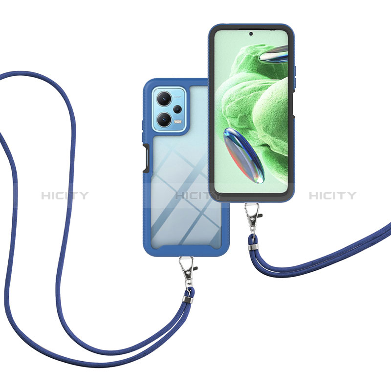 Custodia Silicone e Plastica Opaca Cover Fronte e Retro 360 Gradi con Cinghia Cordino Mano per Xiaomi Redmi Note 12 5G Blu