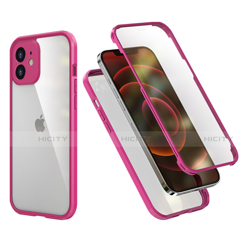 Custodia Silicone e Plastica Opaca Cover Fronte e Retro 360 Gradi R05 per Apple iPhone 12 Mini Rosa Caldo