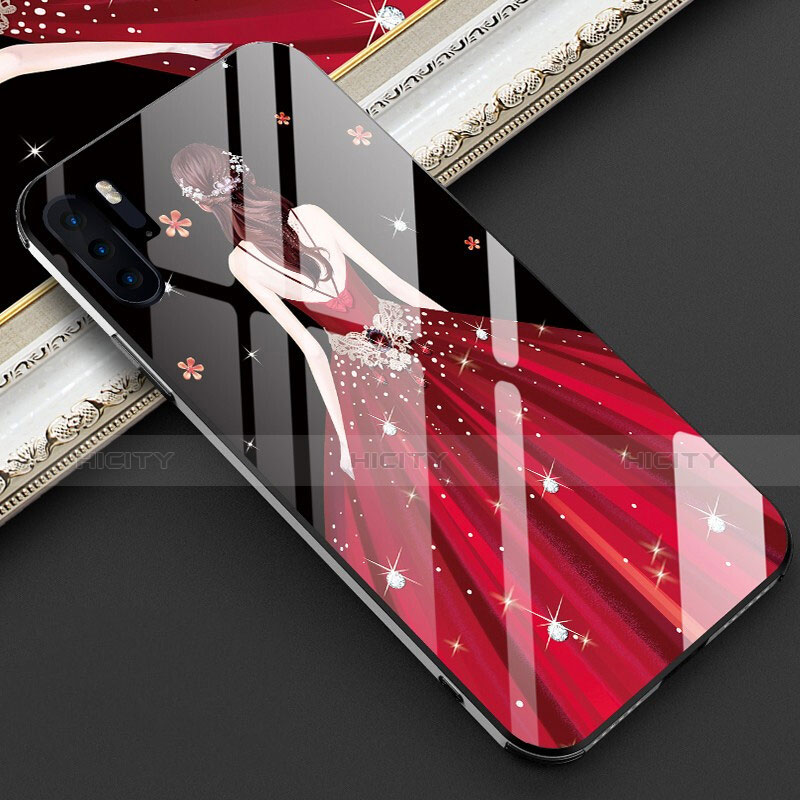Custodia Silicone Gel Laterale Abito Ragazza Specchio Cover per Huawei P30 Pro New Edition Rosso Rosa