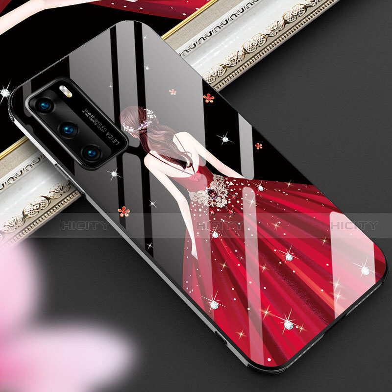 Custodia Silicone Gel Laterale Abito Ragazza Specchio Cover per Huawei P40 Rosso