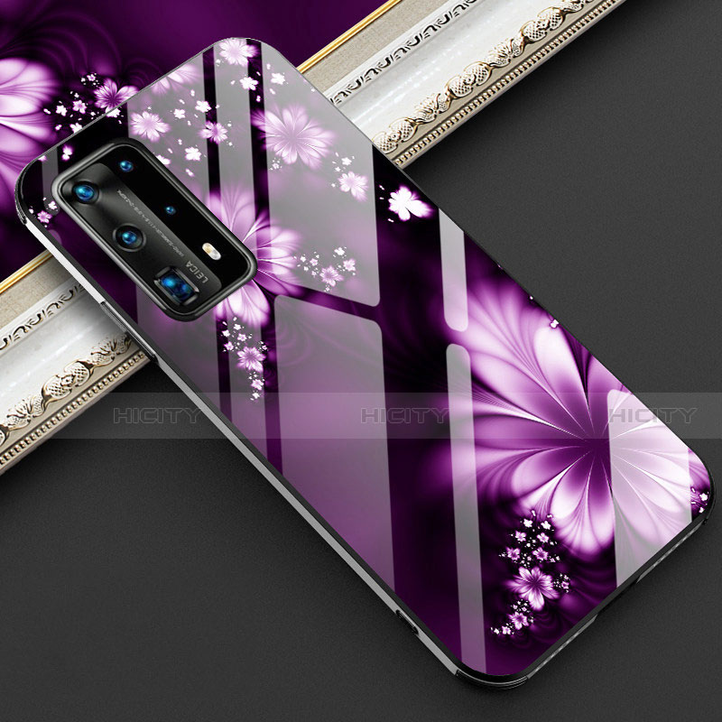 Custodia Silicone Gel Laterale Fiori Specchio Cover per Huawei P40 Pro+ Plus Viola