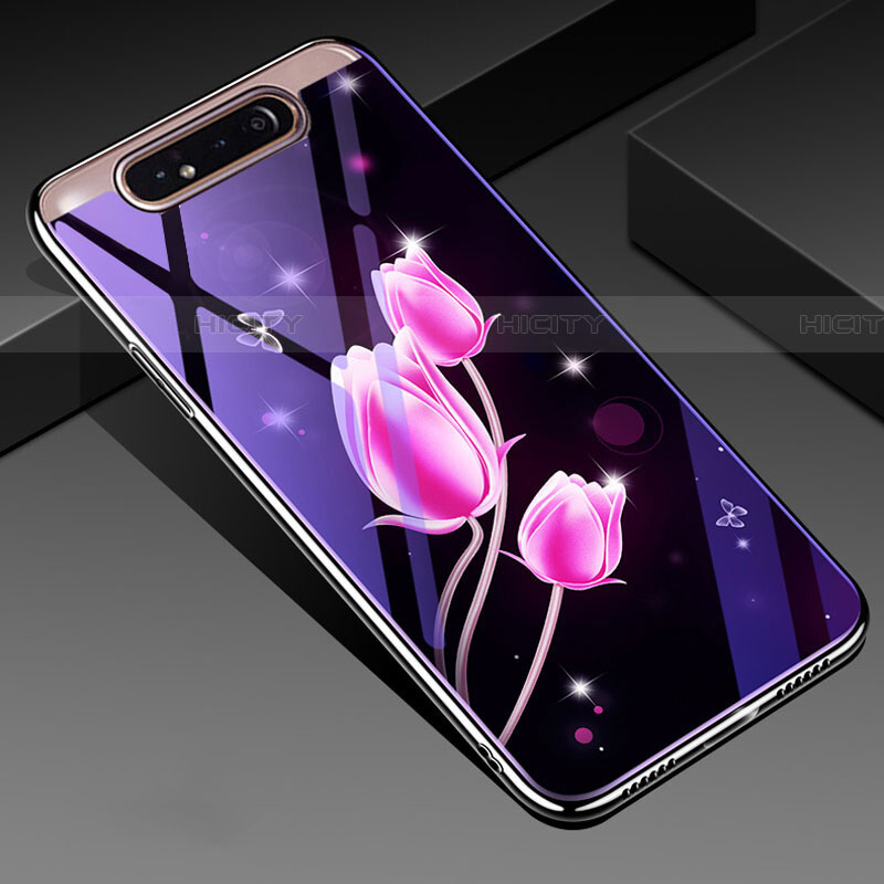 Custodia Silicone Gel Laterale Fiori Specchio Cover per Samsung Galaxy A80 Rosa Caldo