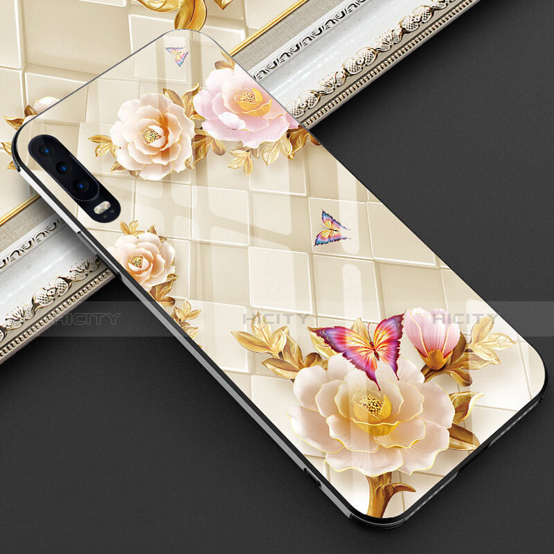 Custodia Silicone Gel Laterale Fiori Specchio Cover S02 per Huawei P30 Oro