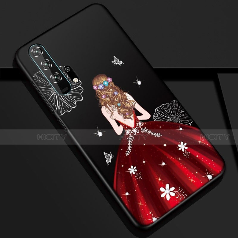 Custodia Silicone Gel Morbida Abito Ragazza Cover K01 per Huawei Honor 20 Pro Rosso e Nero