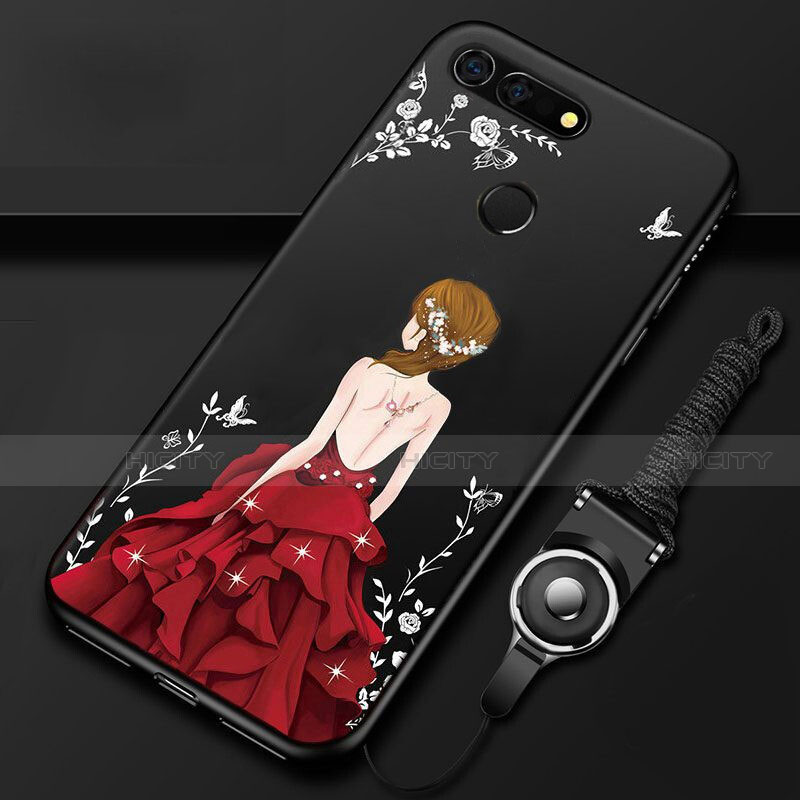 Custodia Silicone Gel Morbida Abito Ragazza Cover K01 per Huawei Honor View 20 Rosso e Nero