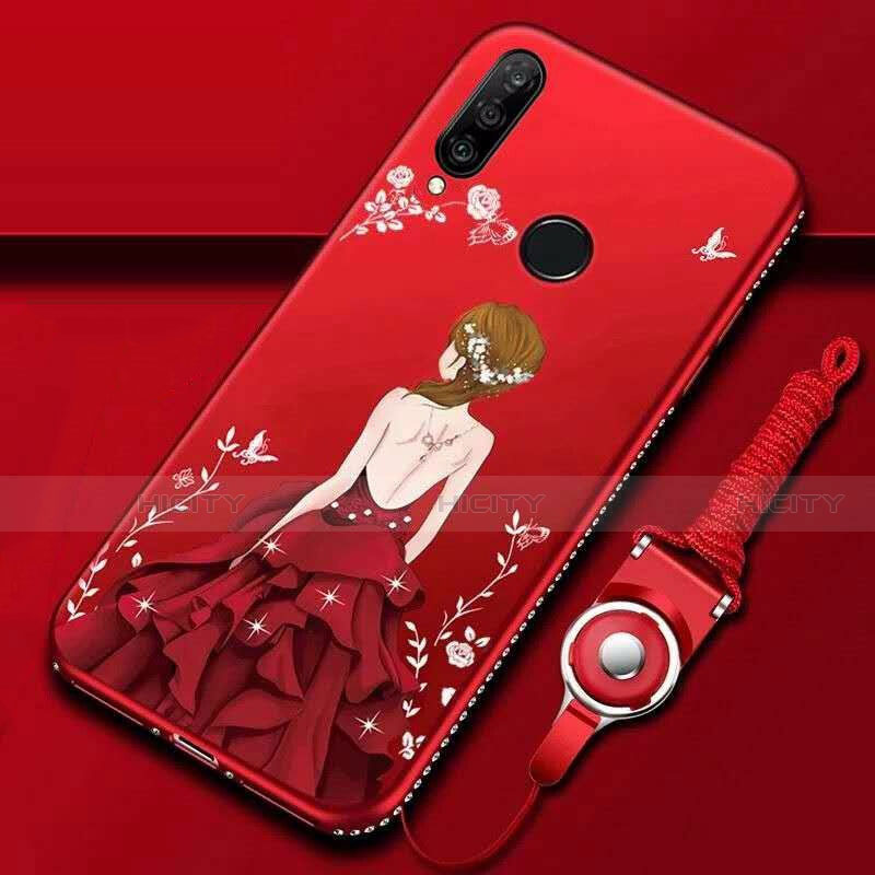 Custodia Silicone Gel Morbida Abito Ragazza Cover K01 per Huawei P30 Lite New Edition Rosso