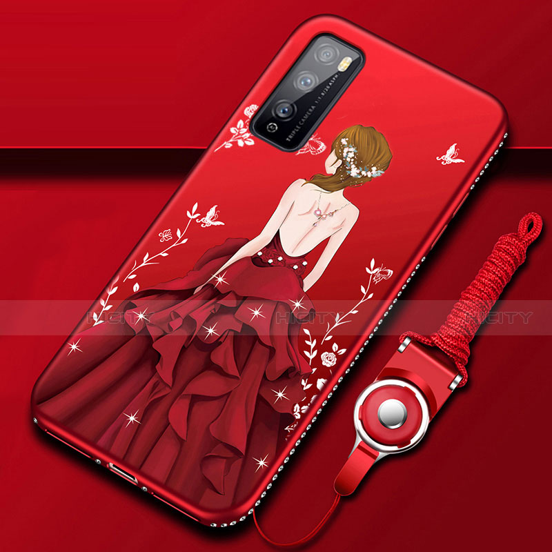 Custodia Silicone Gel Morbida Abito Ragazza Cover per Huawei Enjoy 20 Pro 5G Rosso
