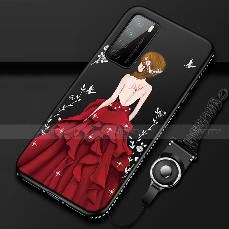 Custodia Silicone Gel Morbida Abito Ragazza Cover per Huawei Honor Play4 5G Rosso e Nero