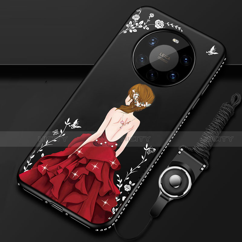 Custodia Silicone Gel Morbida Abito Ragazza Cover per Huawei Mate 40 Pro+ Plus Rosso e Nero