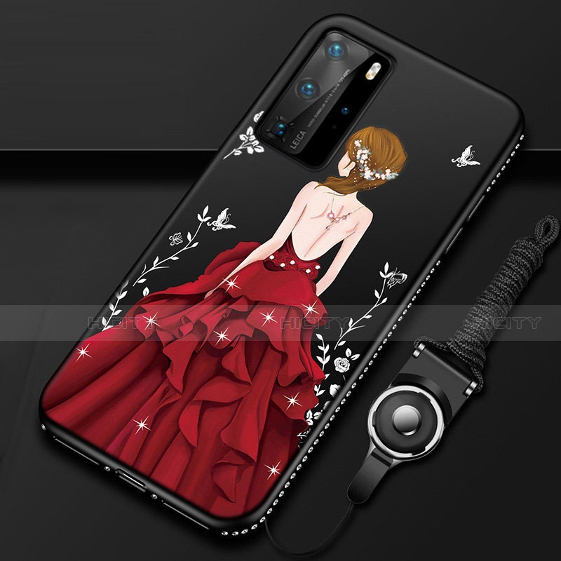 Custodia Silicone Gel Morbida Abito Ragazza Cover per Huawei P40 Pro Rosso e Nero