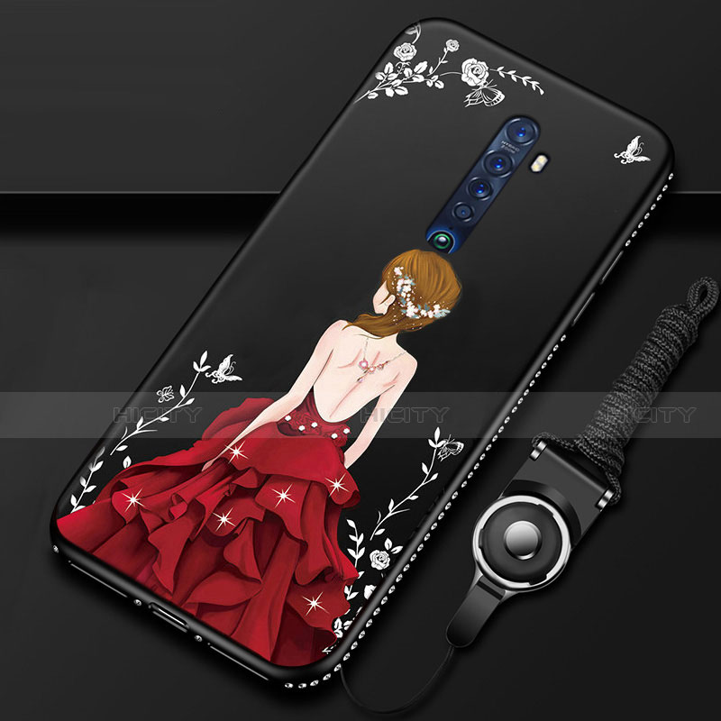 Custodia Silicone Gel Morbida Abito Ragazza Cover per Oppo Reno2 Rosso e Nero