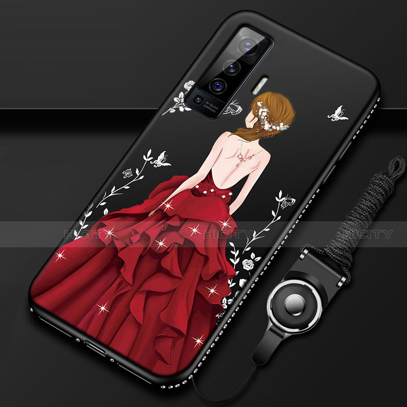 Custodia Silicone Gel Morbida Abito Ragazza Cover per Vivo X50 5G Rosso e Nero