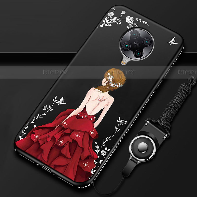Custodia Silicone Gel Morbida Abito Ragazza Cover per Xiaomi Redmi K30 Pro 5G Rosso e Nero