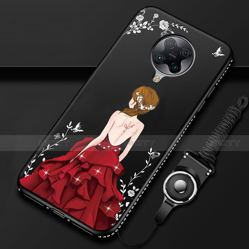 Custodia Silicone Gel Morbida Abito Ragazza Cover per Xiaomi Redmi K30 Pro Zoom Rosso e Nero