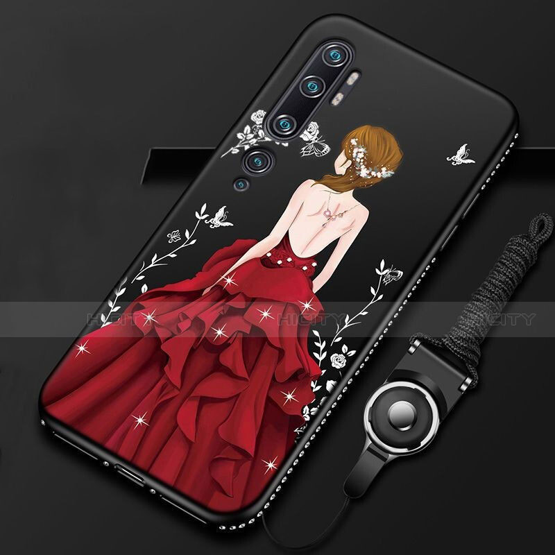 Custodia Silicone Gel Morbida Abito Ragazza Cover S01 per Xiaomi Mi Note 10 Pro Rosso e Nero