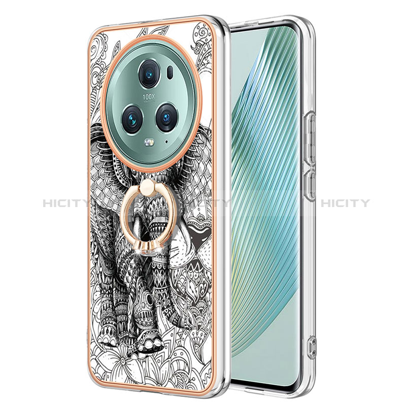 Custodia Silicone Gel Morbida Fantasia Modello Cover con Anello Supporto YB2 per Huawei Honor Magic5 Pro 5G Grigio
