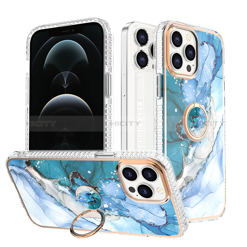Custodia Silicone Gel Morbida Fantasia Modello Cover con Anello Supporto YJ1 per Apple iPhone 13 Pro Max Blu
