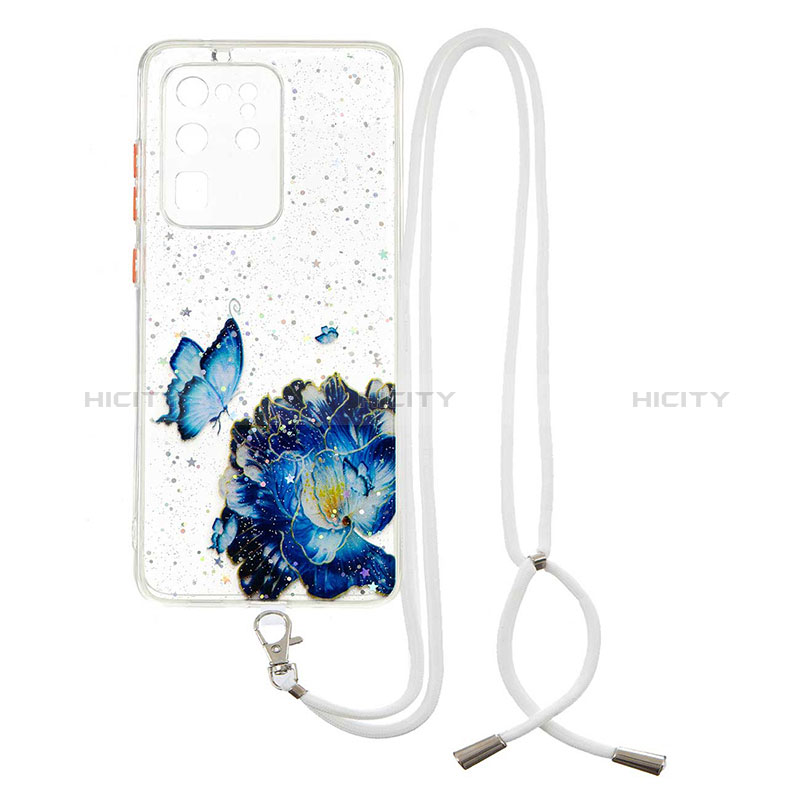 Custodia Silicone Gel Morbida Fantasia Modello Cover con Cinghia Cordino Mano Y01X per Samsung Galaxy S20 Ultra Blu