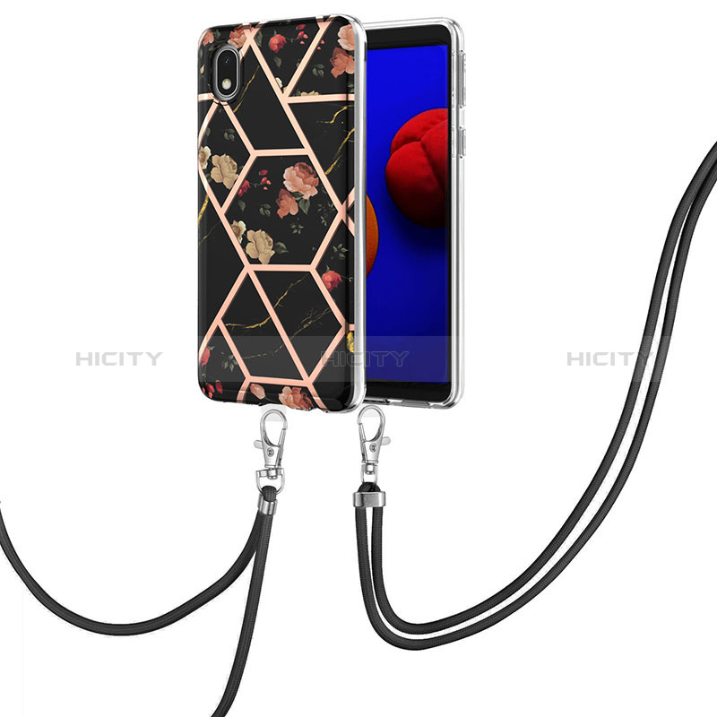 Custodia Silicone Gel Morbida Fantasia Modello Cover con Cinghia Cordino Mano Y02B per Samsung Galaxy A01 Core Nero